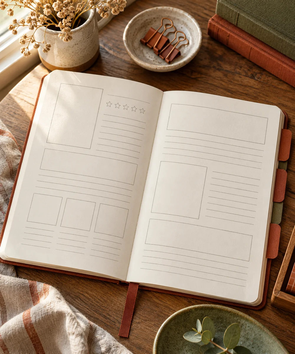 AI-generated concept image for create a simple book review journal spread