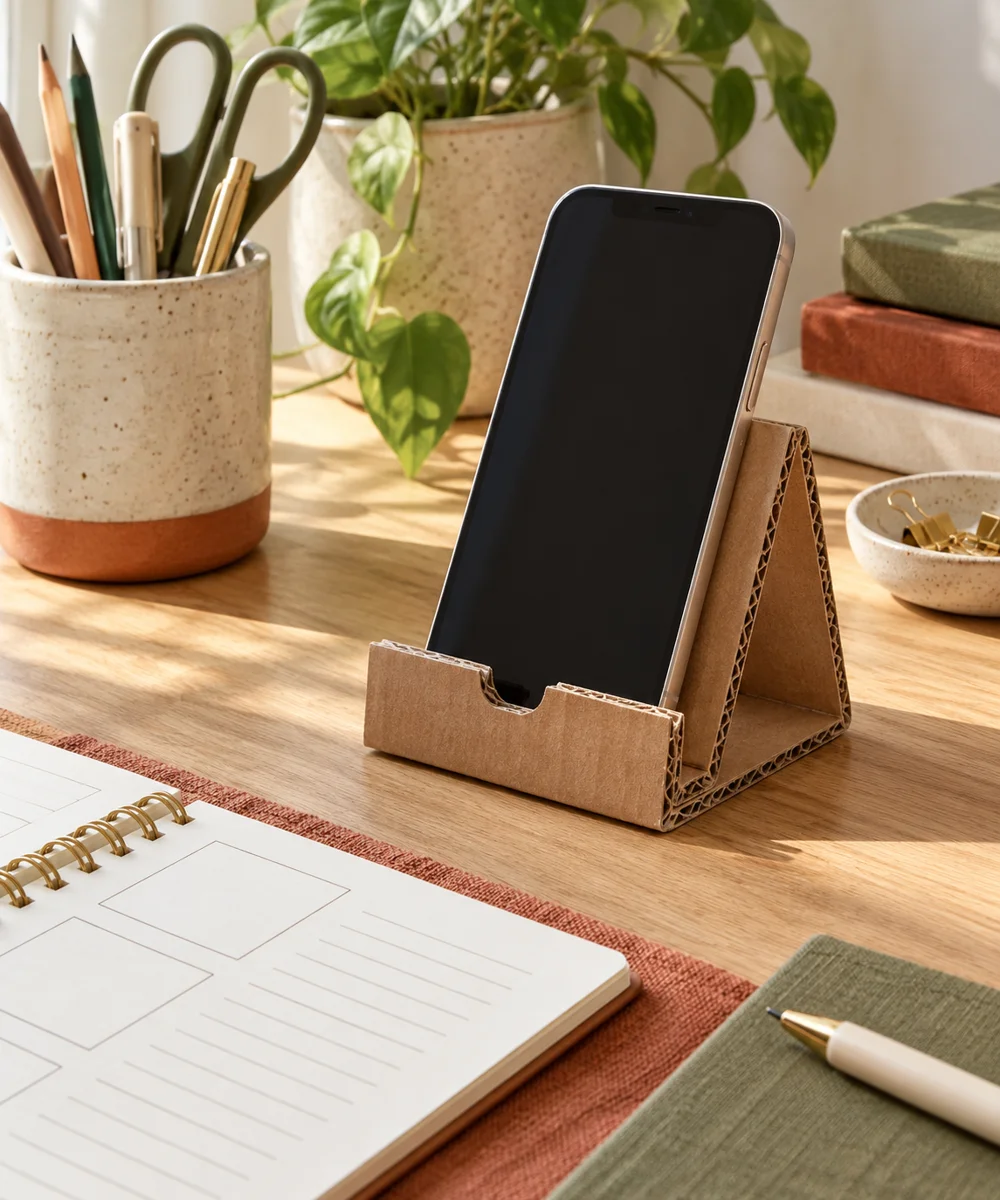 AI-generated concept image for build a cardboard phone rest for a desk