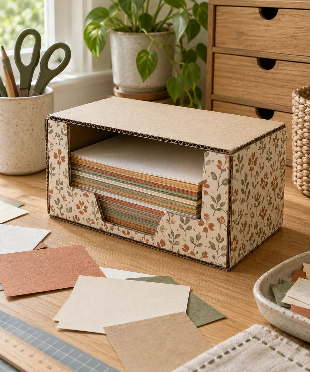 AI-generated concept image for create a cardboard scrap paper dispenser
