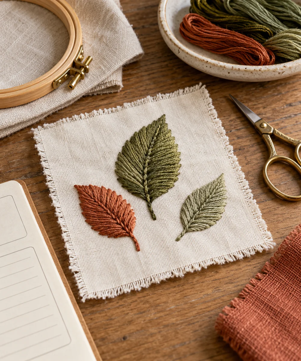 AI-generated concept image for create a satin-stitch leaf practice piece