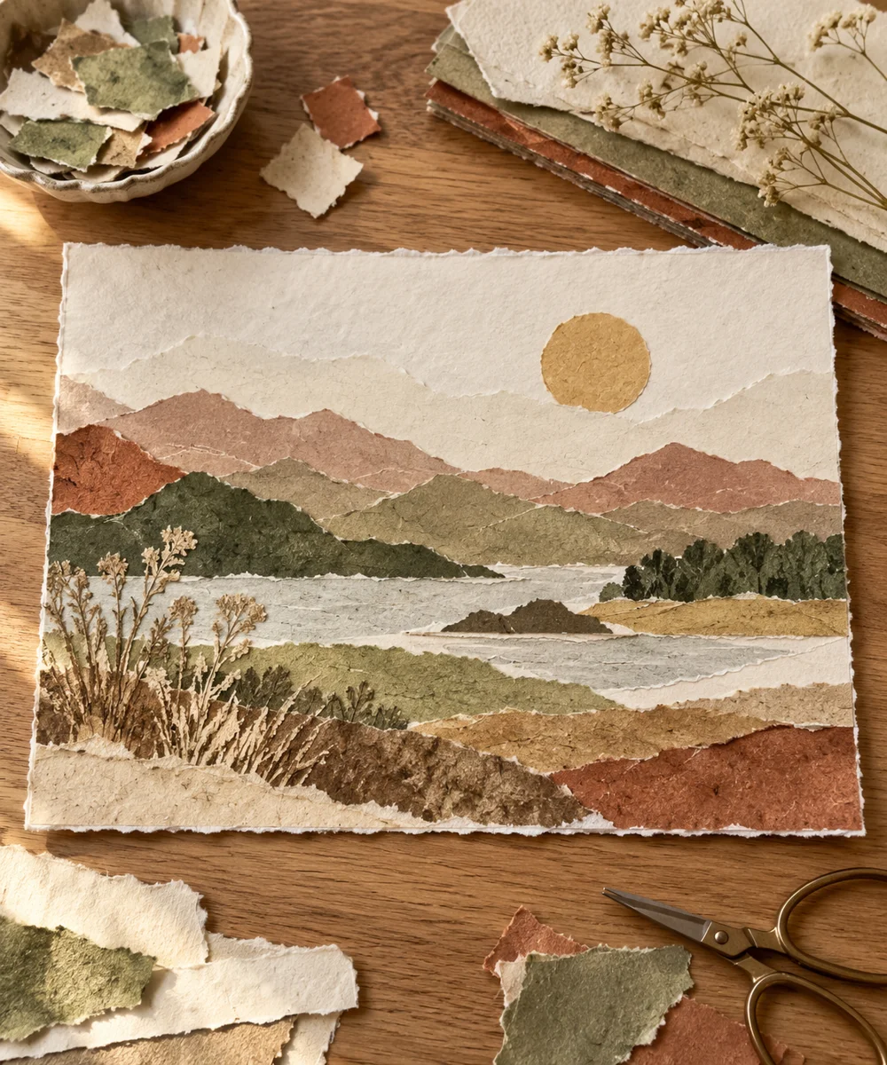 AI-generated concept image for create a torn paper landscape collage