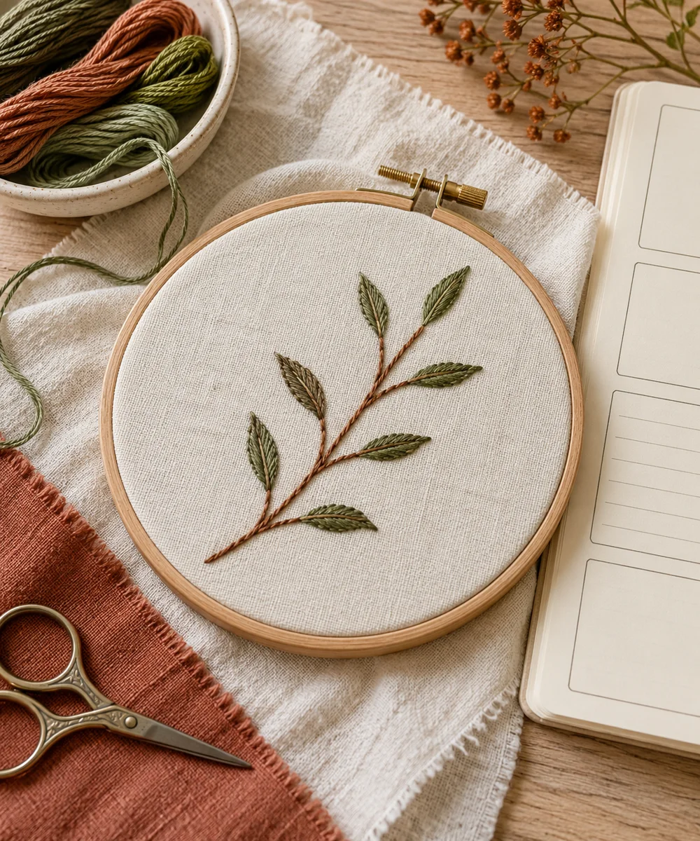 AI-generated concept image for embroider a simple stem-stitch branch