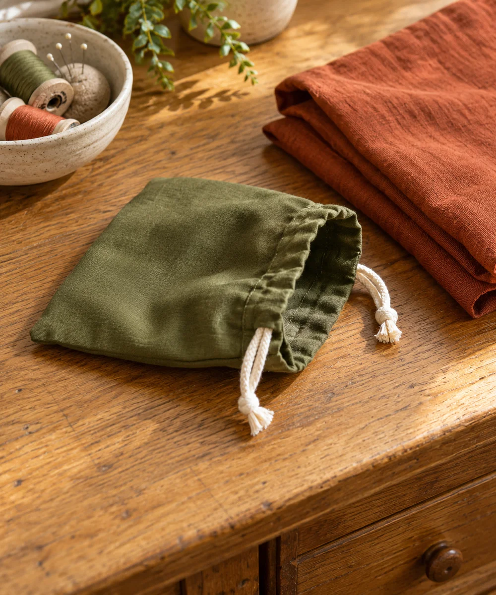 AI-generated concept image for hand sew a small drawstring fabric pouch