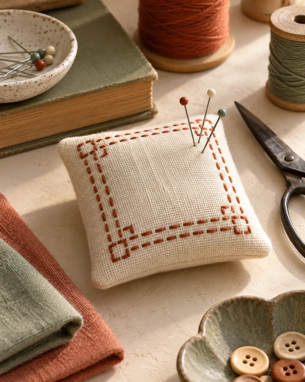 AI-generated concept image for hand sew a fabric emery-free pincushion
