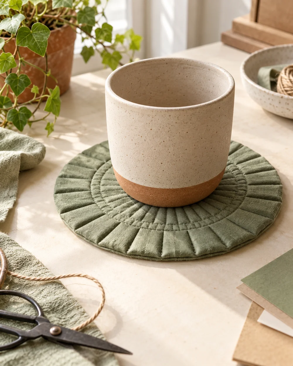 AI-generated concept image for hand sew a fabric plant pot mat