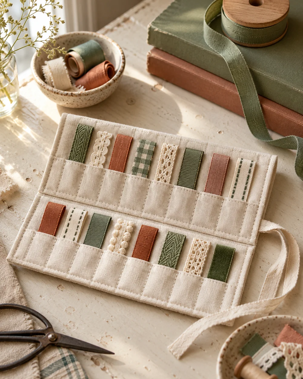 AI-generated concept image for hand sew a fabric ribbon storage wallet