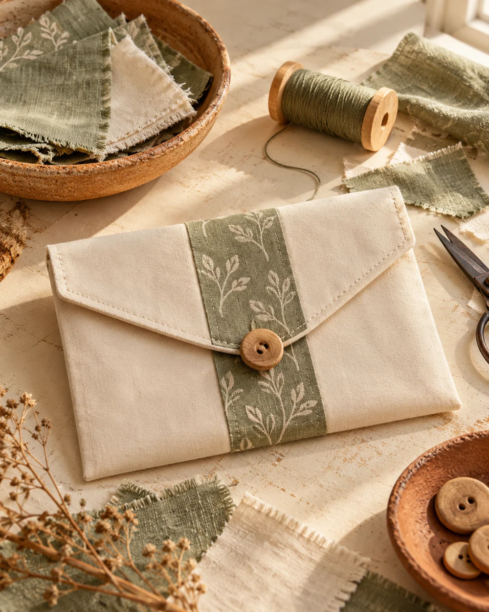 AI-generated concept image for hand sew a fabric scrap sorting envelope