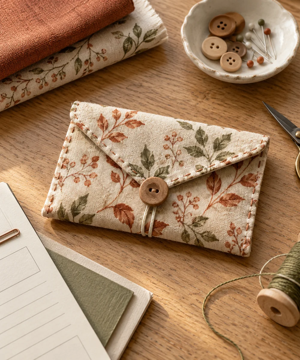 AI-generated concept image for hand sew a small envelope pouch