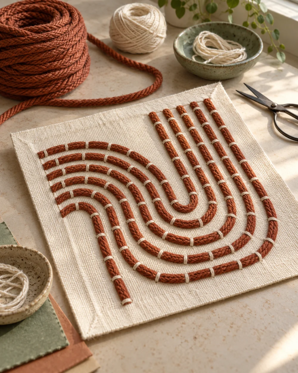 AI-generated concept image for make a couching stitch line sampler