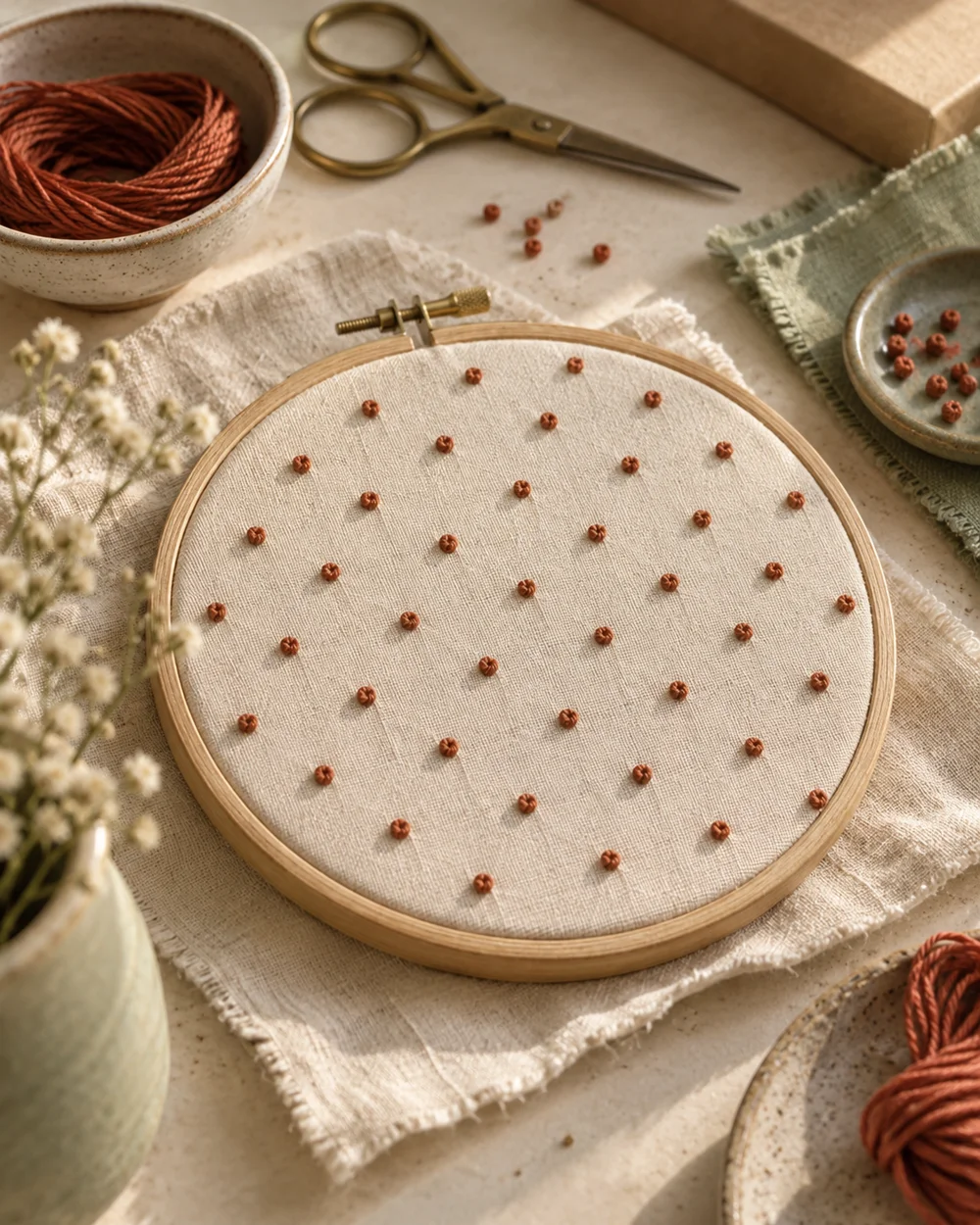 AI-generated concept image for practice french knots on a plain fabric sampler