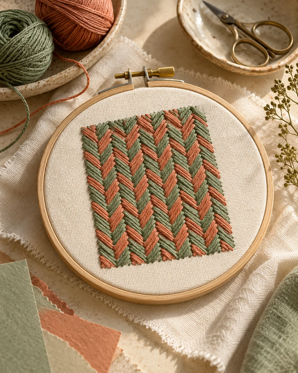 AI-generated concept image for practice interlaced herringbone stitch
