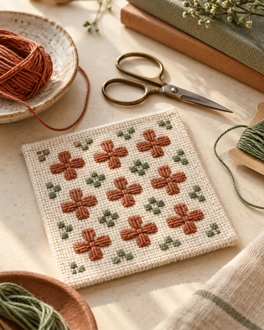AI-generated concept image for practice rice stitch on an evenweave scrap