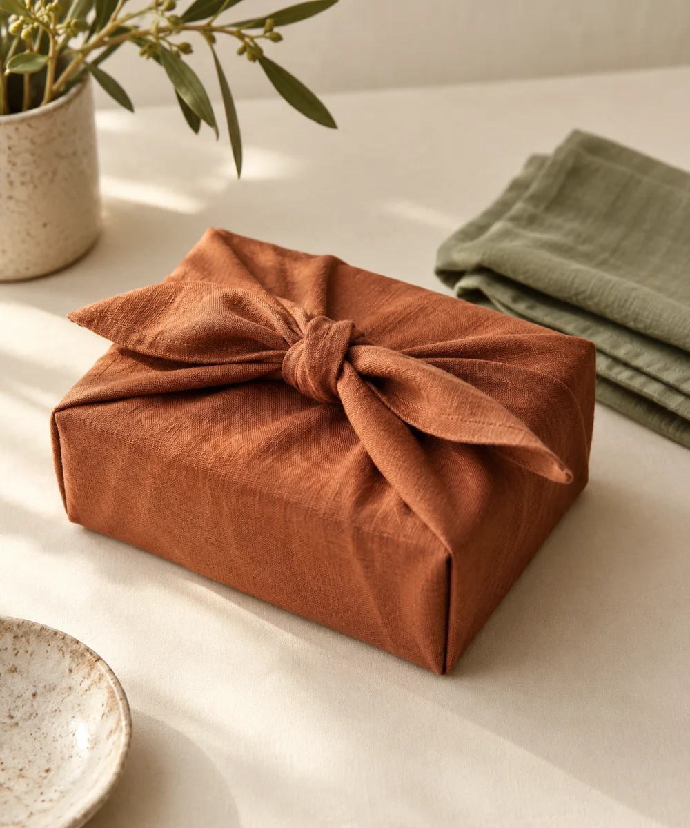 AI-generated concept image for wrap a small box with reusable fabric