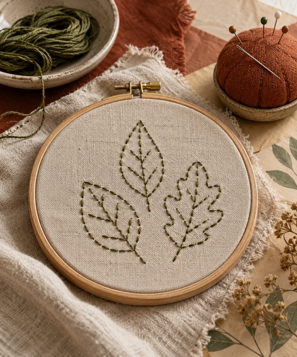 A simple leaf embroidery sampler, AI-generated concept