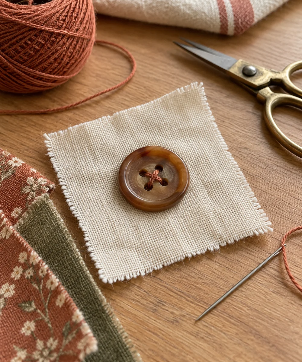 AI-generated concept image for sew a four-hole button on scrap fabric