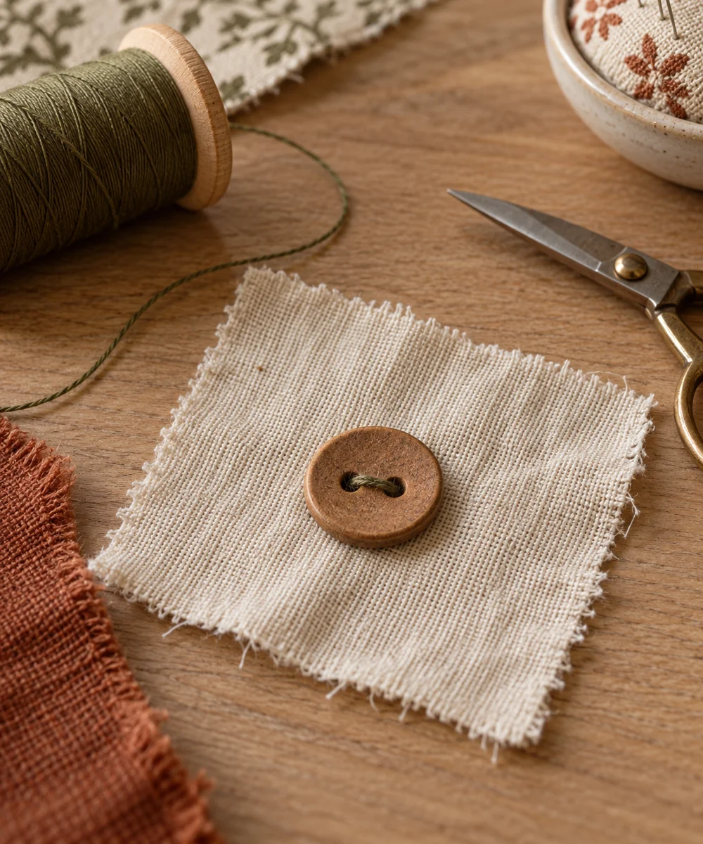 AI-generated concept image for sew a two-hole button on scrap fabric