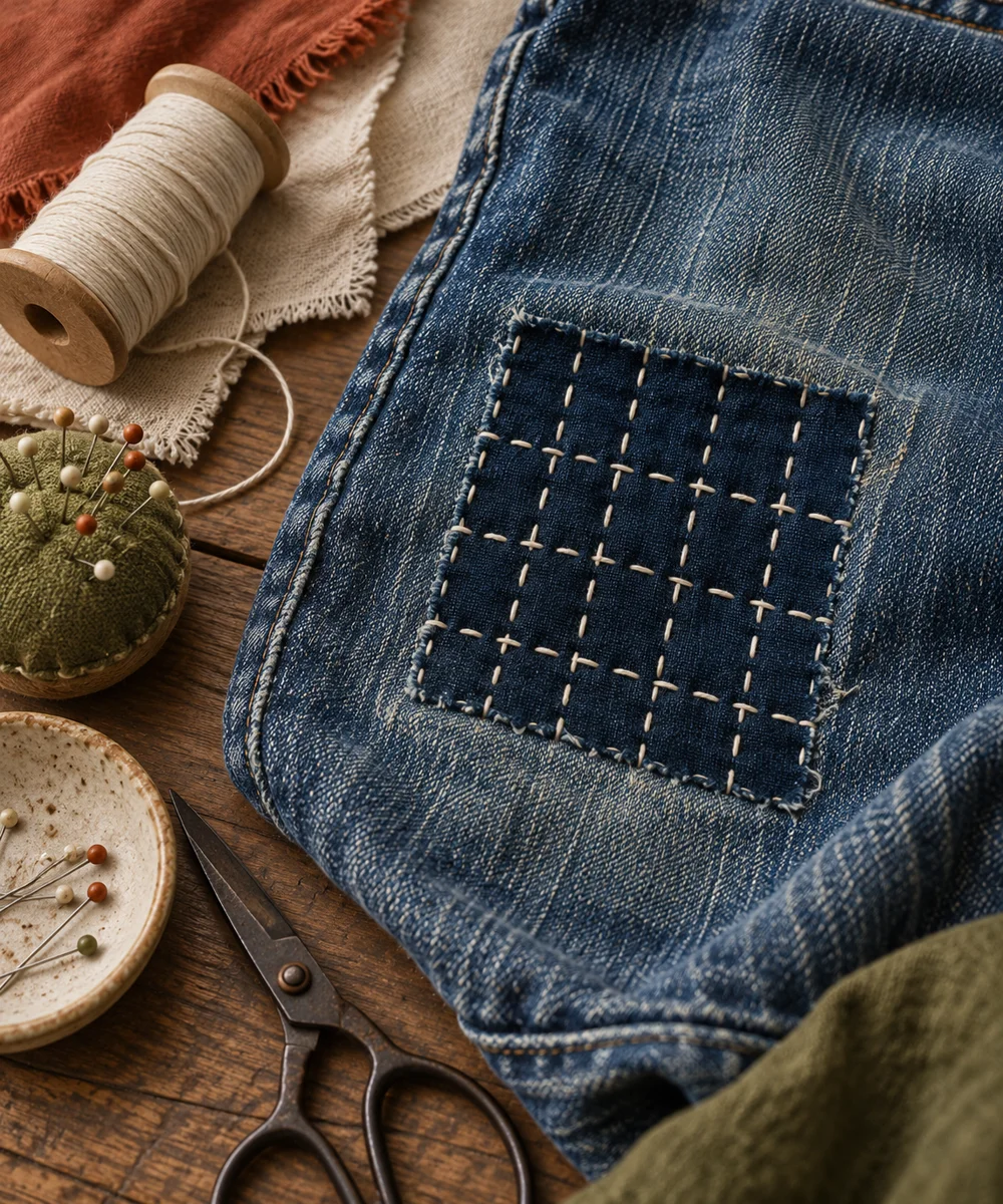 AI-generated concept image for add a visible running-stitch fabric patch